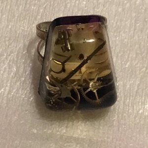 Vintage Lucite clear plastic steampunk fashion watch parts ring